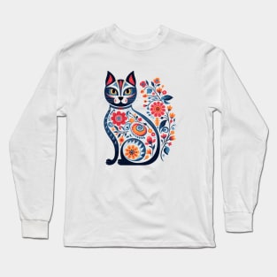 Folk Art Feline: Colorful Floral Cat Illustration Long Sleeve T-Shirt